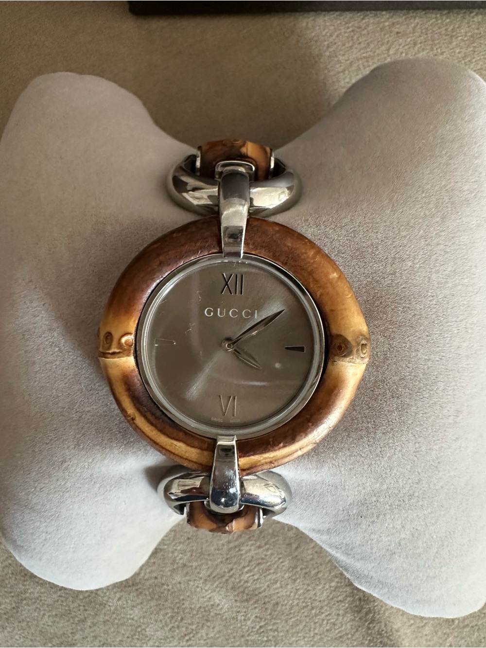 Gucci Women's Silver Dial Watch with Brown Bamboo Accent